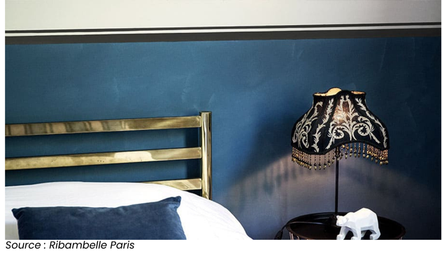 Chambre élégante avec mur peint en bleu, lit en laiton, et lampe décorative sur table de chevet, par Ribambelle Paris.