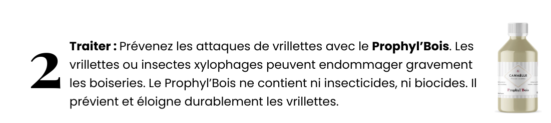 Traitement préventif contre les vrillettes et les insectes xylophages avec Prophyl’Bois de Camaëlle, indispensable pour une rénovation efficace des bois.